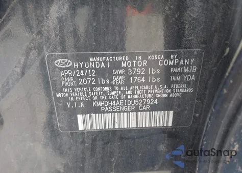 2013 Hyundai Elantra Gls/Limited from USA, damaged, VIN KMHDH4AE1DU527924